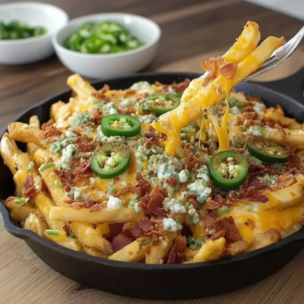 Crispy golden fries loaded with melted cheddar and mozzarella cheese, creamy blue cheese crumbles, spicy fresh jalapeño slices, and crumbled bacon, served in a black cast iron skillet. A fork lifts a serving of the loaded, cheesy fries.
