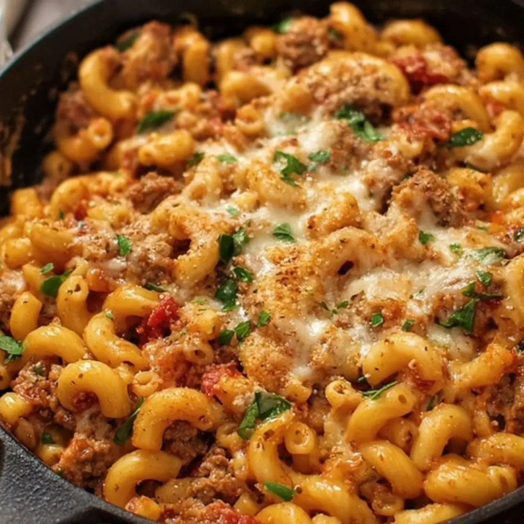 Spicy sausage cavatappi pasta in a black skillet, coated in a creamy red sauce, topped with melted mozzarella or Parmesan cheese and fresh chopped parsley.