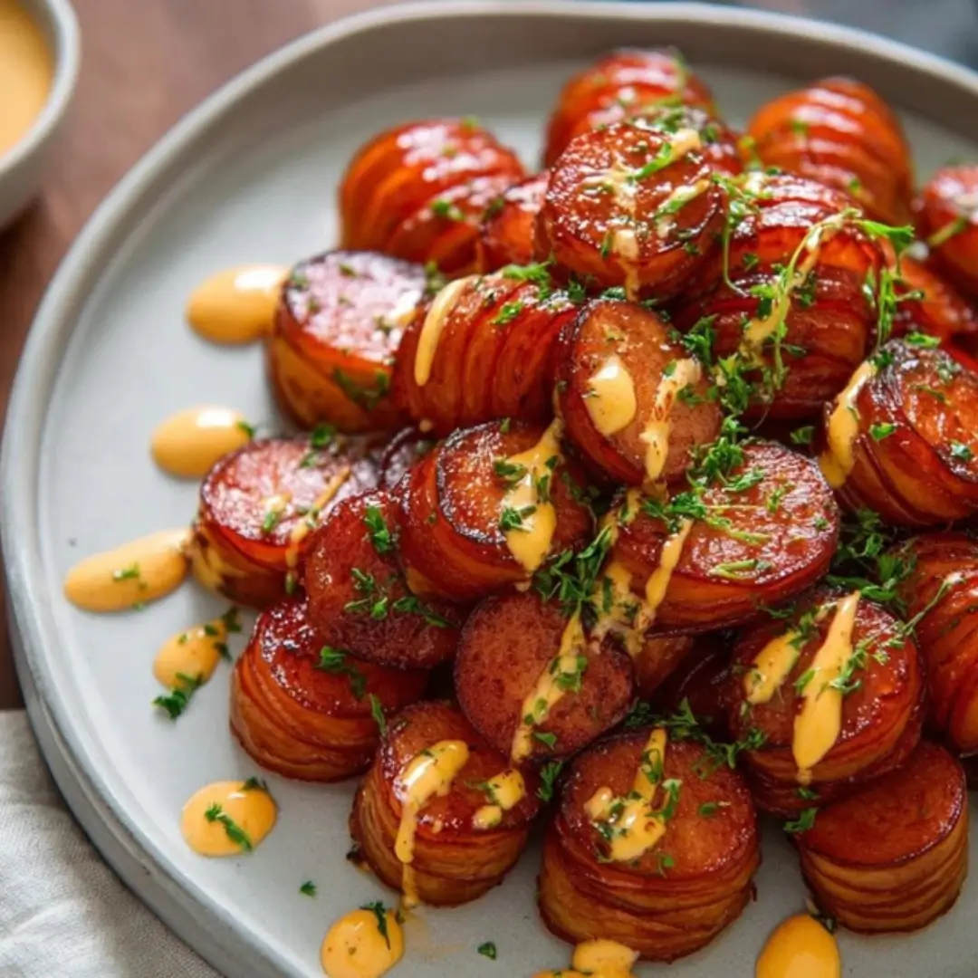 Close-up of glossy, caramelized Spicy Sriracha Hasselback Kielbasa Bites piled on a gray plate, drizzled with a creamy yellow sauce and garnished with fresh herbs.