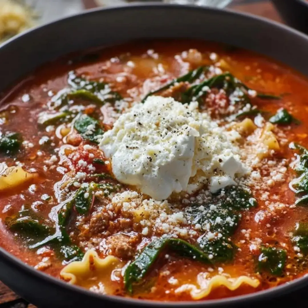 Steaming bowl of Spinach Lasagna Soup with broken lasagna noodles, ground turkey, and spinach, topped with a dollop of ricotta and grated Parmesan cheese.