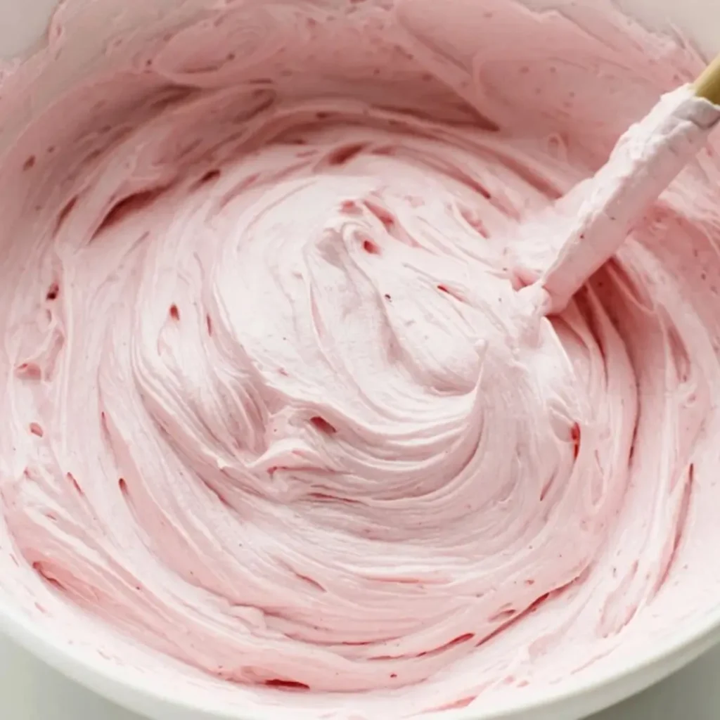 A close-up shot of fluffy, pale pink strawberry marshmallow frosting being swirled in a white bowl with a spatula.