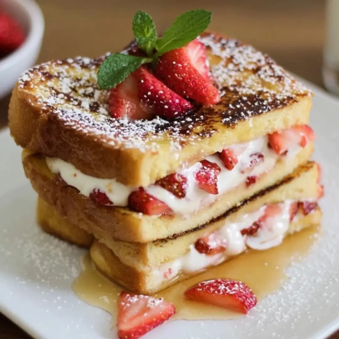 Stack of two pieces of golden-brown Strawberry Stuffed French Toast oozing with cream cheese and fresh strawberry slices, dusted with powdered sugar and drizzled with maple syrup.