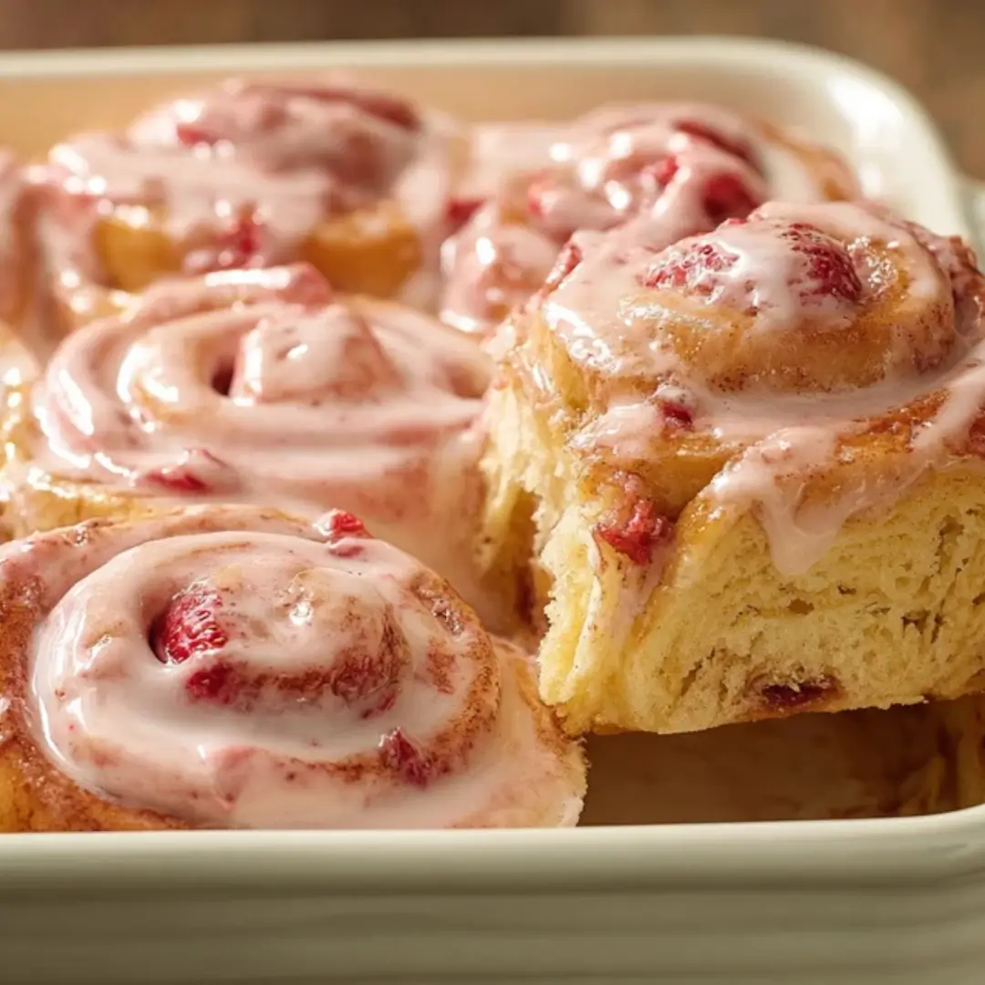 A square white baking dish filled with several homemade strawberry sweet rolls topped with a pink cream cheese glaze and bits of cooked strawberries.