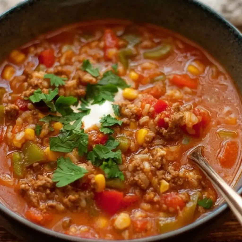 A close-up shot of a dark blue bowl filled with hearty Stuffed Bell Pepper Soup. The soup is a rich tomato red and contains ground meat, diced red and green bell peppers, corn kernels, and rice. It is garnished with a dollop of sour cream or crema and fresh chopped parsley.