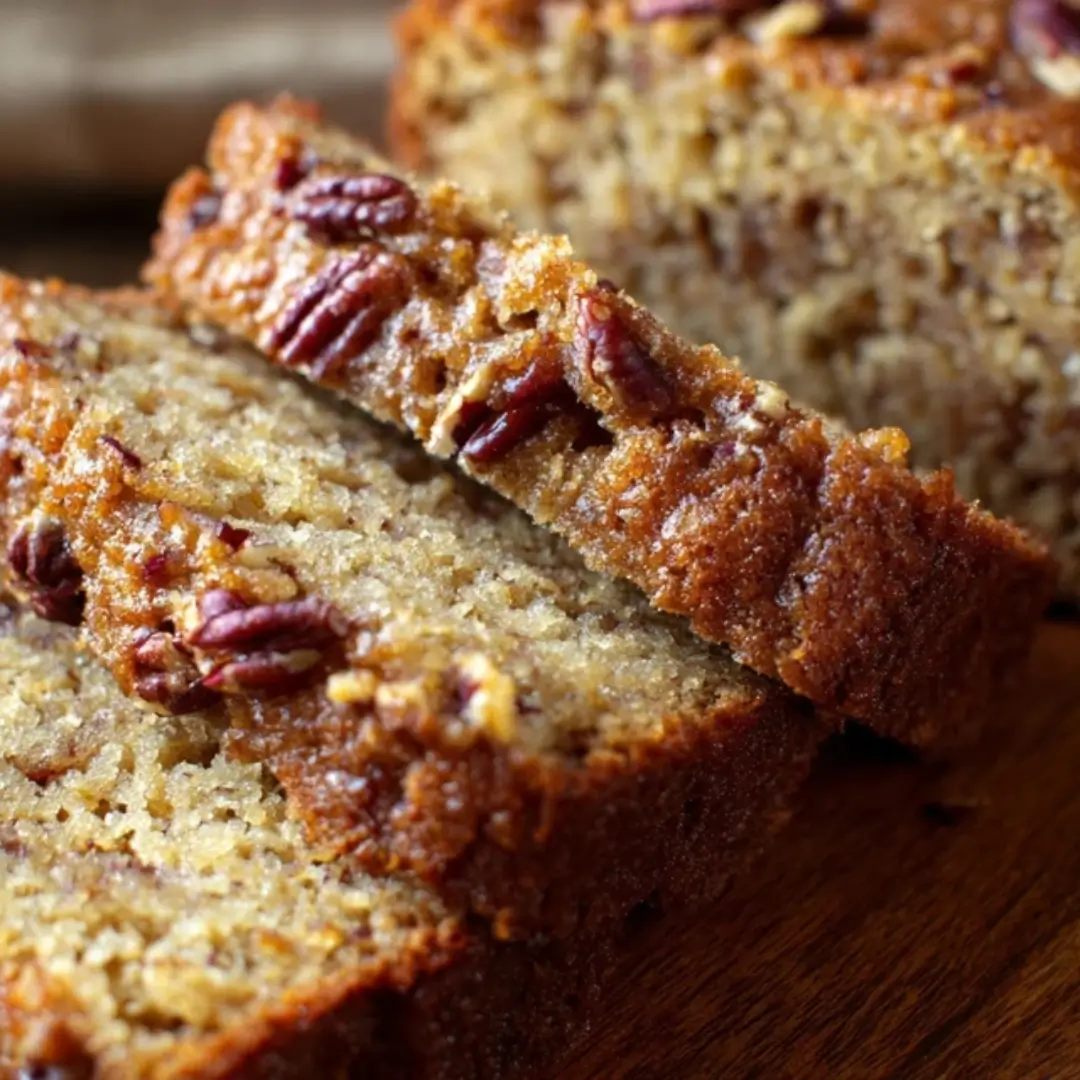 Sliced Sweet Alabama Pecanbread loaf with pecans visible on top, showcasing a moist, golden-brown crumb on a wooden cutting board.
