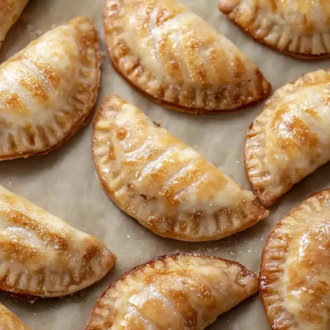 Golden brown sweet potato hand pies with crimped edges and a shiny egg wash finish on parchment paper.