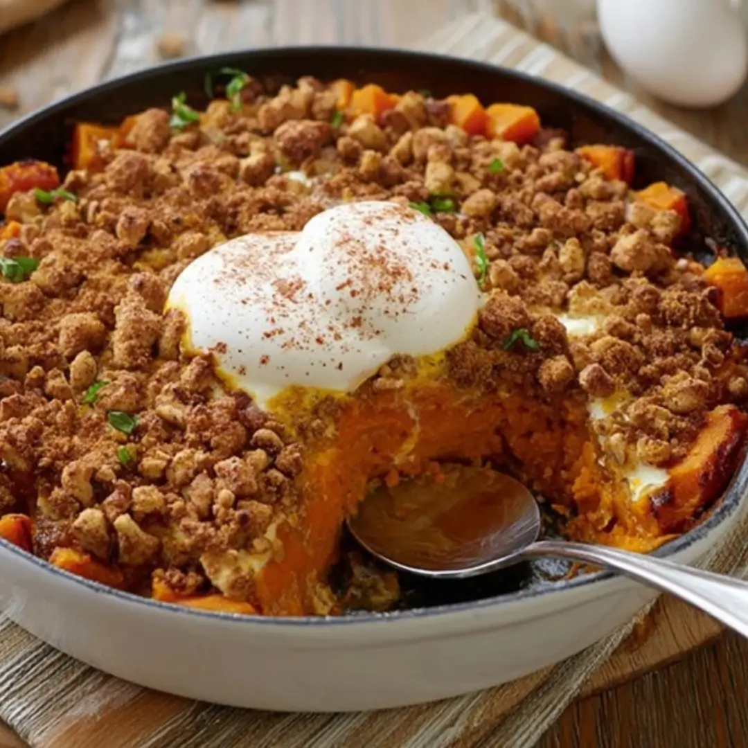 A close-up shot of a cast-iron skillet filled with Sweet Potato Skillet Songbird, featuring diced sweet potatoes and savory spices, topped with a crunchy, crumbly topping and two perfectly poached eggs sprinkled with paprika. A spoonful has been taken, showing the tender interior.