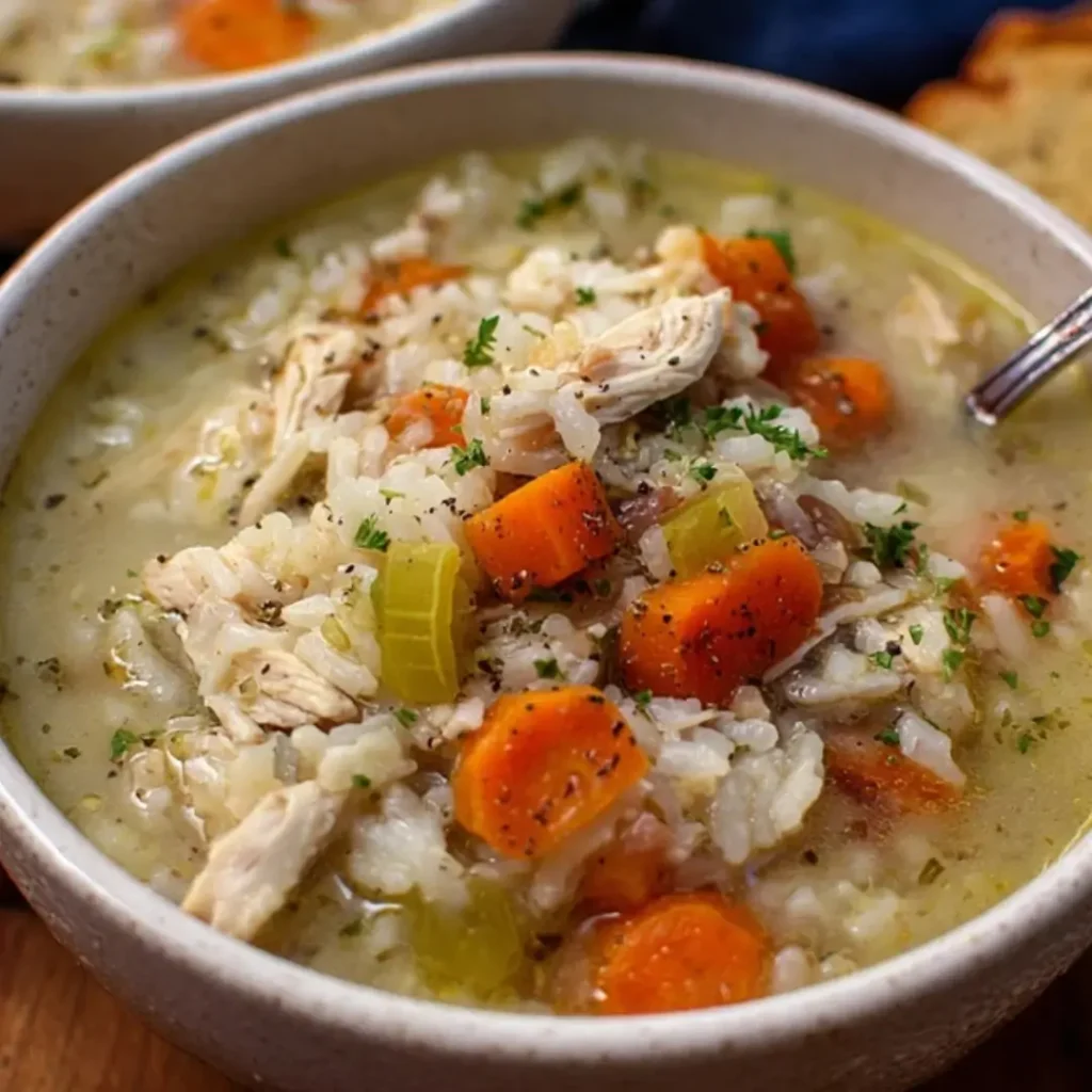 A close-up of a bowl of creamy, hearty Turkey and Rice Soup, featuring tender shredded turkey, diced carrots, celery, and white rice in a savory broth, garnished with fresh parsley and black pepper.