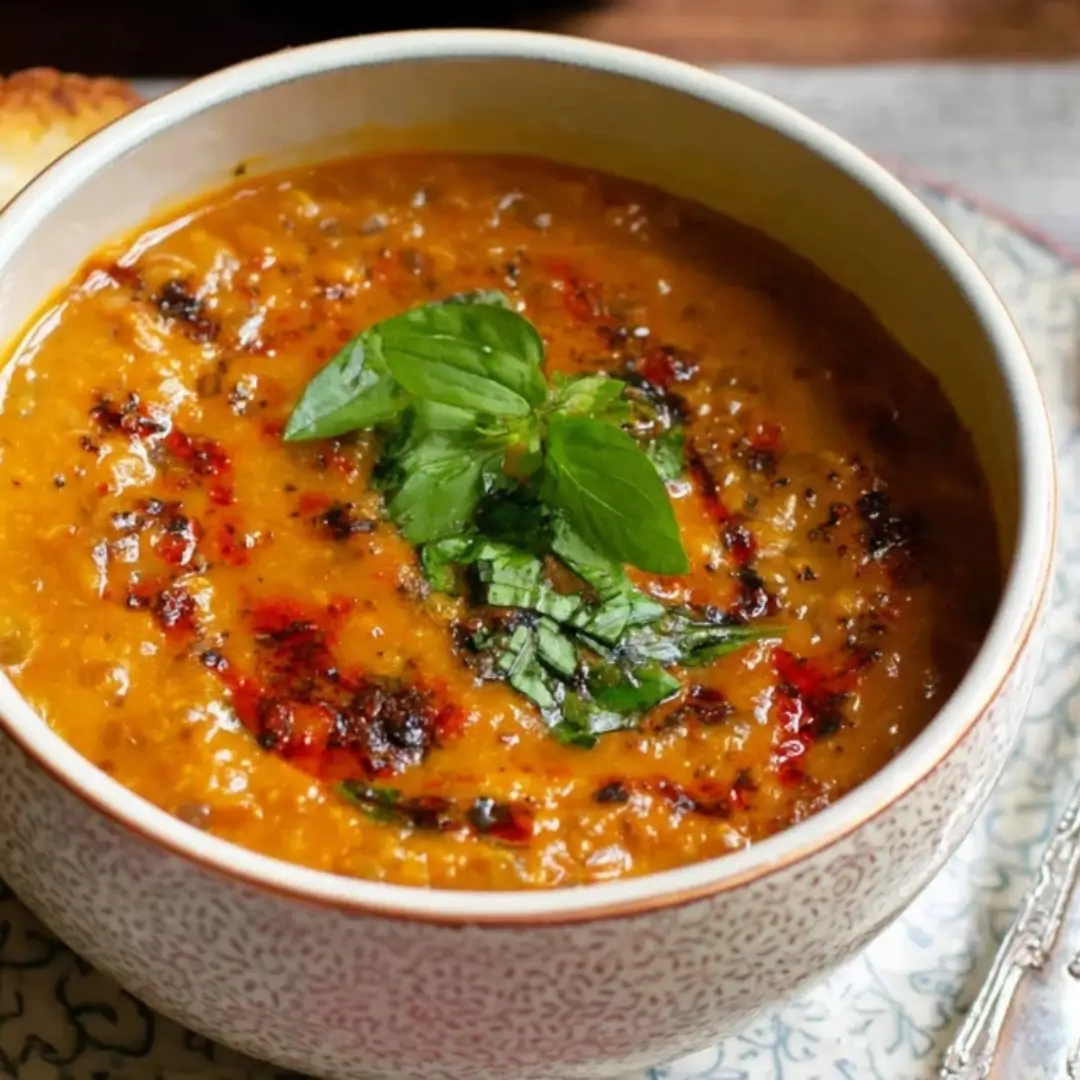 A bowl of creamy, orange Turkish Lentil Soup (Mercimek Çorbası) garnished with a bright red paprika-mint butter drizzle and fresh green herbs.