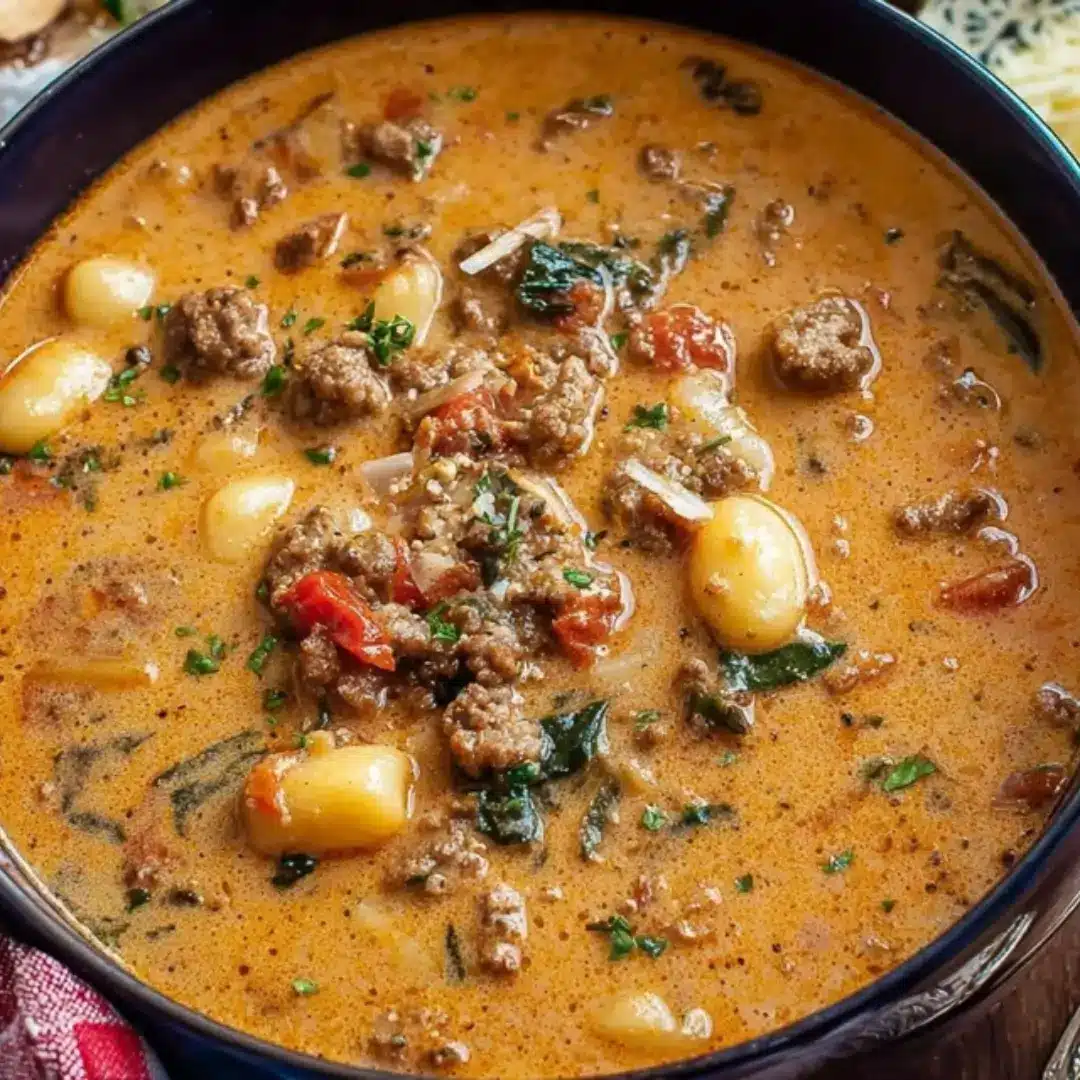 A steaming bowl of creamy Tuscan Sausage Gnocchi Soup with savory ground sausage, pillowy gnocchi, and fresh spinach in a rich tomato-cream broth.