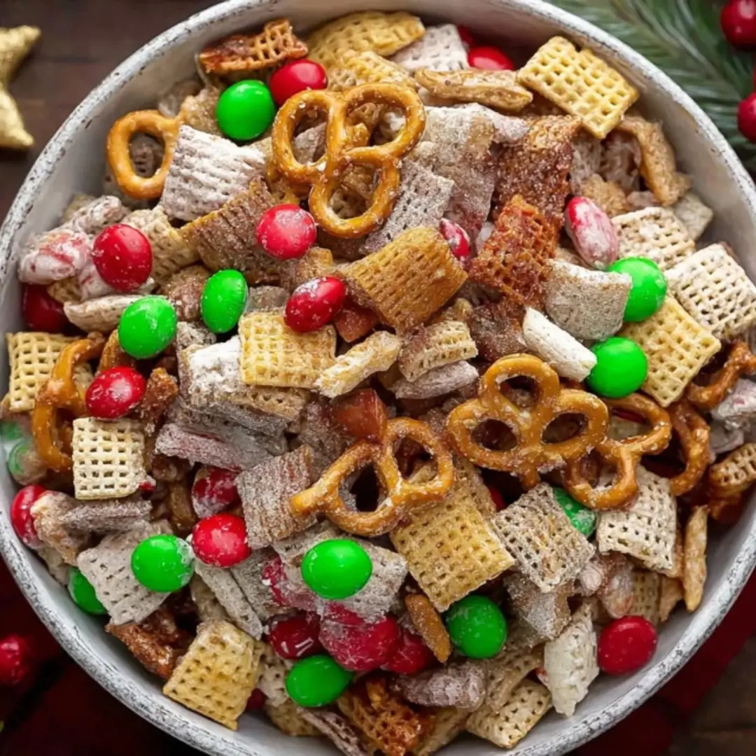 A top-down view of a festive Christmas snack mix in a white bowl, featuring corn and rice cereal squares, mini pretzels, honey-roasted peanuts, and bright red and green candy-coated chocolates.