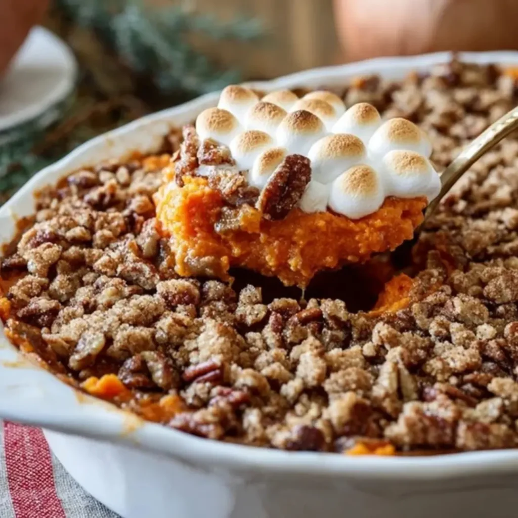 A spoonful of Ultimate Sweet Potato Casserole being lifted from a white baking dish, showing the creamy, orange filling topped with a golden-brown pecan streusel and toasted mini marshmallows.