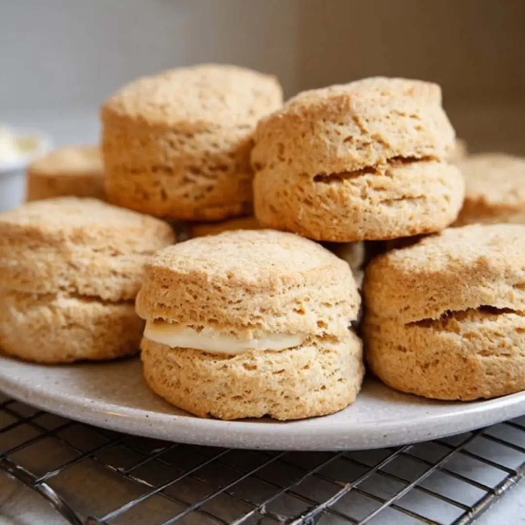 A stack of tall, golden-brown whole wheat biscuits made with fresh milled flour, piled on a white plate. One biscuit is split and filled with a visible layer of white cream or butter.