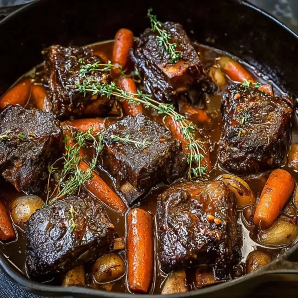 A close-up of tender, wine-braised beef short ribs with carrots and onions in a rich brown gravy, garnished with fresh thyme in a cast iron Dutch oven.