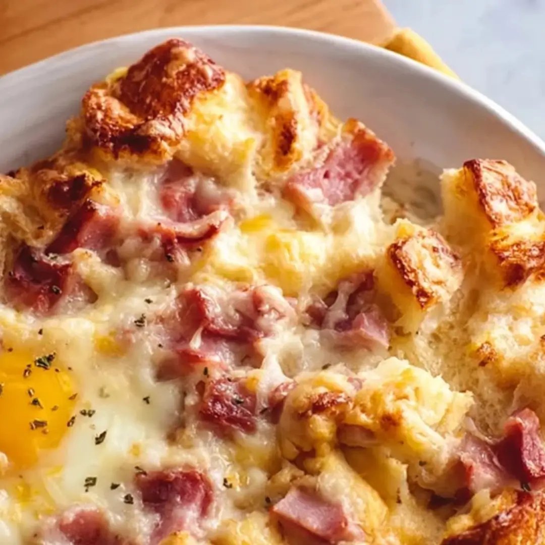 Golden-brown Turkey Ham Cheese Breakfast Bake with melted cheddar and mozzarella, diced ham, and a soft-cooked egg garnish in a white dish.