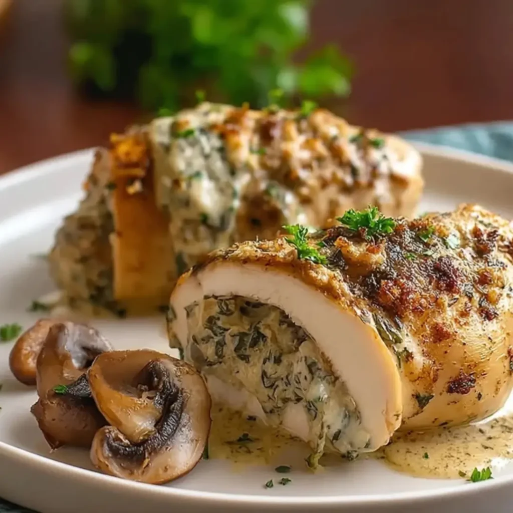 Succulent roasted chicken breast sliced open to reveal a creamy mushroom and herb filling, served on a white plate with sautéed mushrooms.