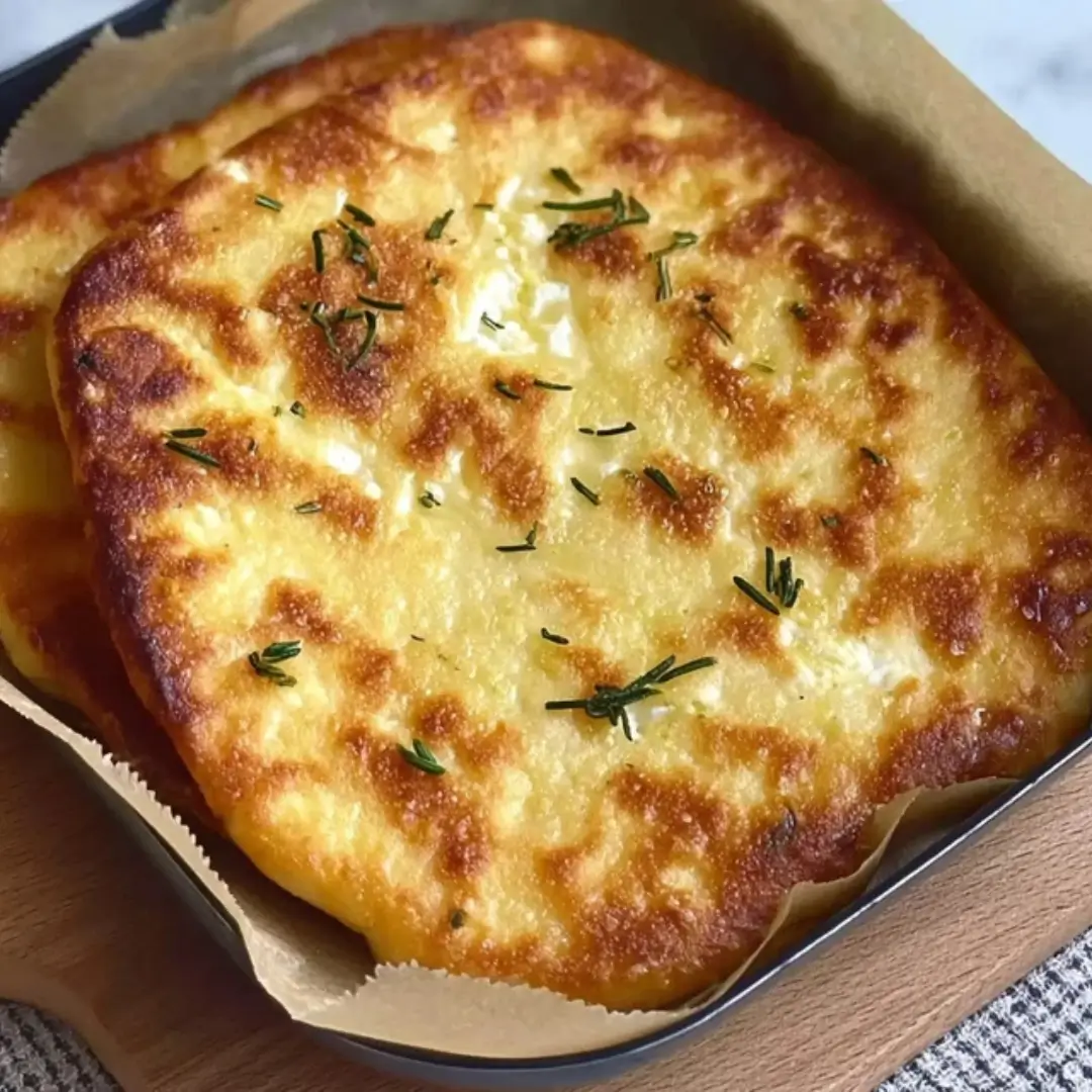 Golden-brown Air Fryer Cottage Cheese Flatbread topped with fresh rosemary sprigs sitting on parchment paper.
