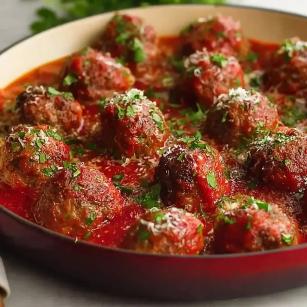 A close-up of juicy, golden-brown baked ground beef meatballs simmering in a rich red tomato sauce, garnished with fresh parsley and grated Parmesan cheese in a red skillet.