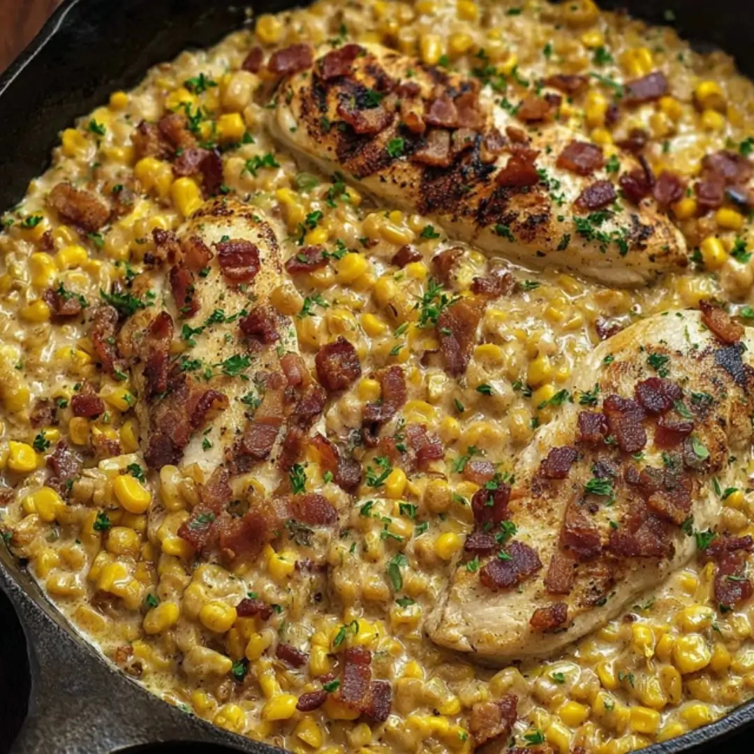 A cast-iron skillet filled with creamy roasted corn, topped with golden seared chicken breasts and crispy chopped bacon bits garnished with fresh parsley.