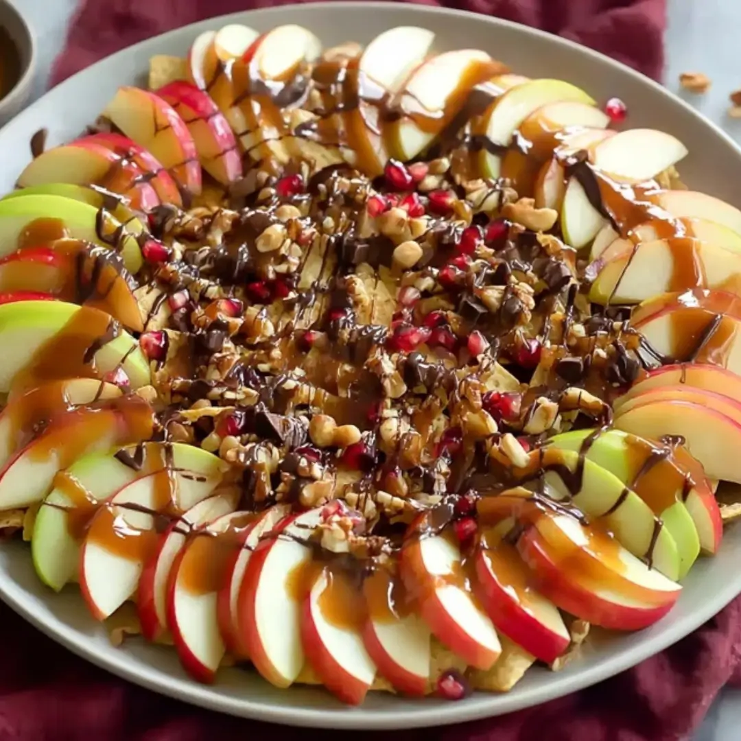 A large circular platter of thinly sliced red and green apples drizzled with caramel sauce and melted chocolate, topped with crushed nuts and pomegranate seeds.