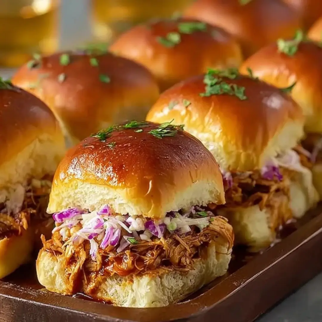A close-up shot of several golden-brown BBQ chicken sliders on a wooden tray, topped with fresh coleslaw and chopped parsley.