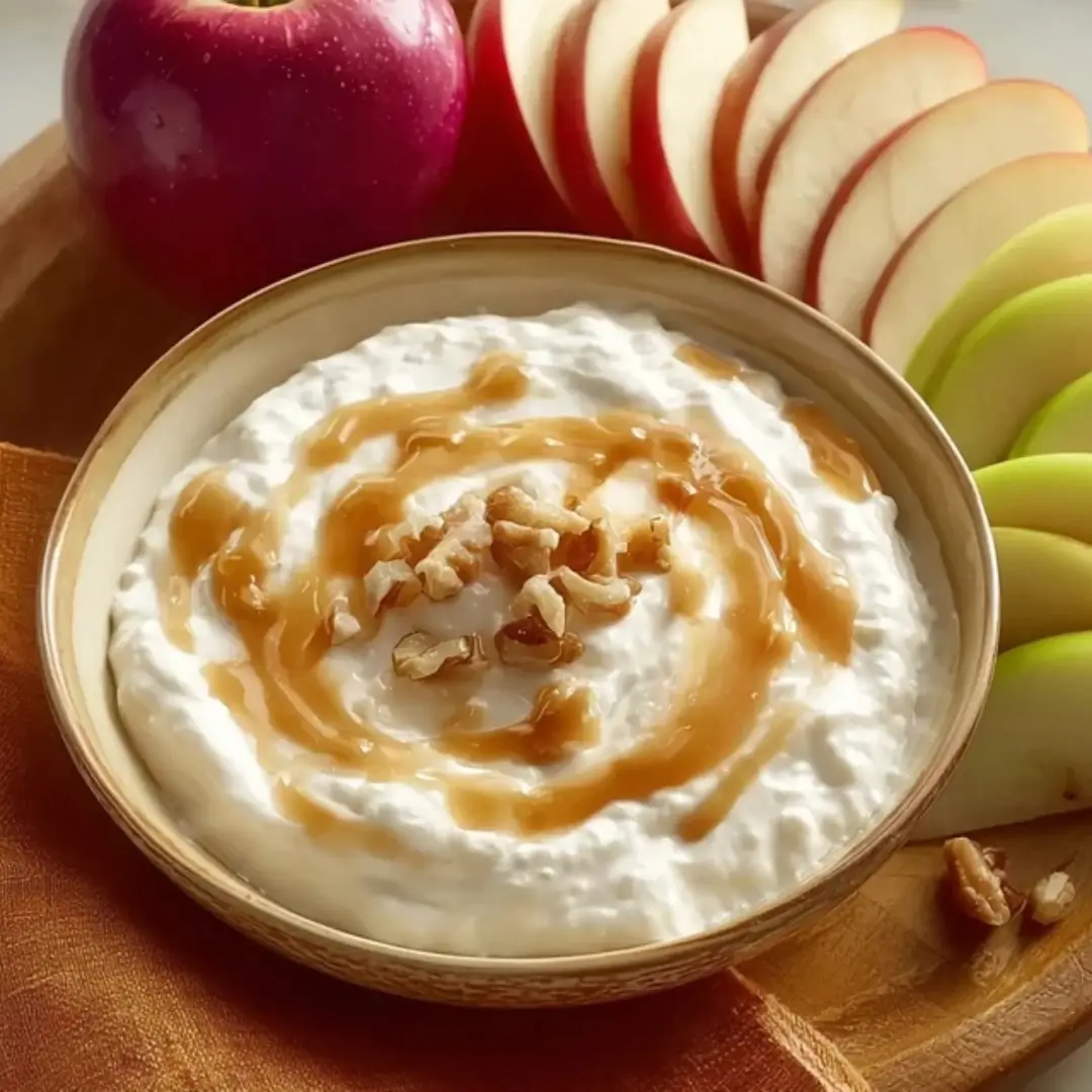 A bowl of creamy whipped cottage cheese apple dip topped with a caramel drizzle and crushed walnuts, served with fresh red and green apple slices.