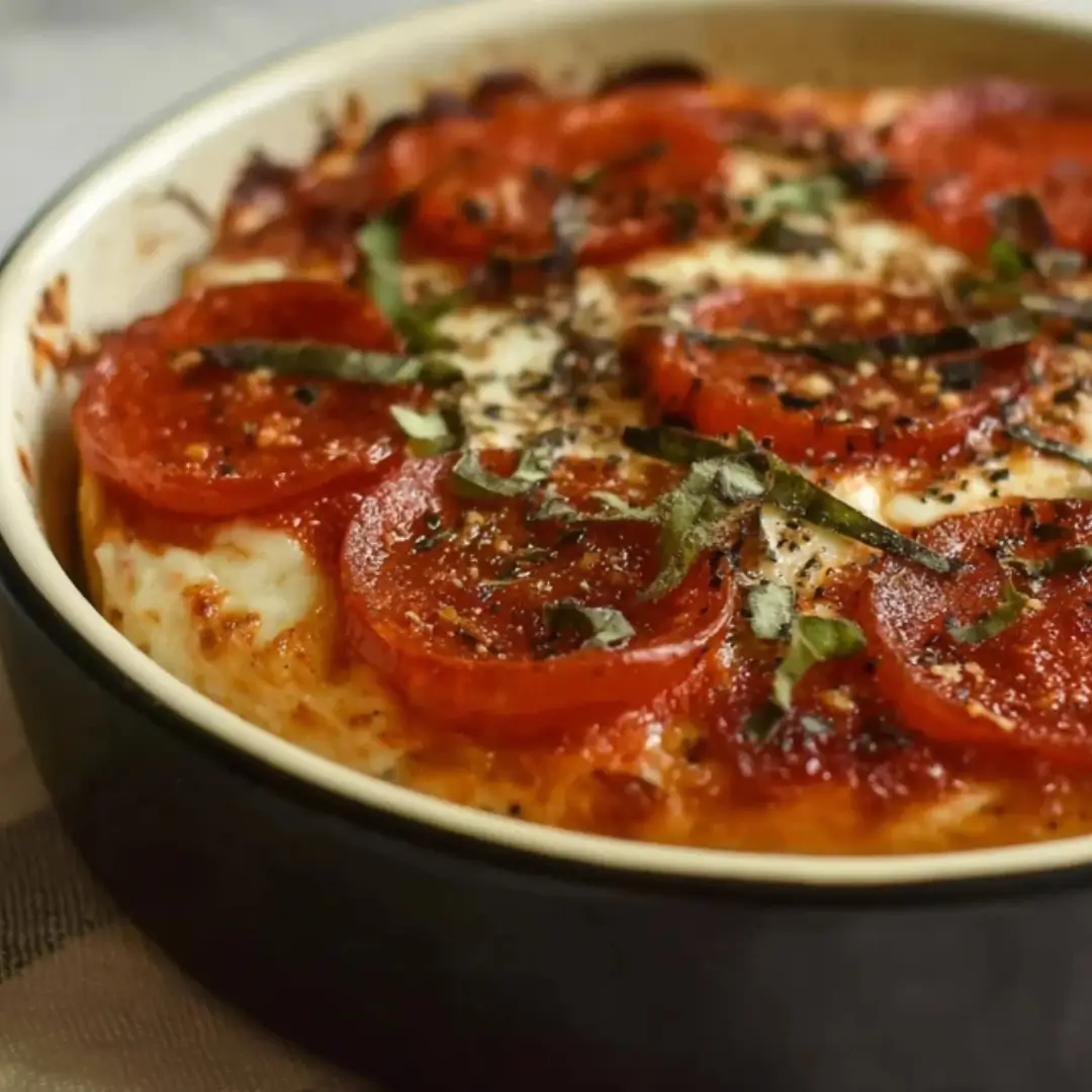 A close-up, appetizing view of a Cottage Cheese Pizza Bowl in a dark ceramic dish, featuring melted white cheese, vibrant red tomato sauce, sliced pepperoni, and a garnish of fresh green basil.