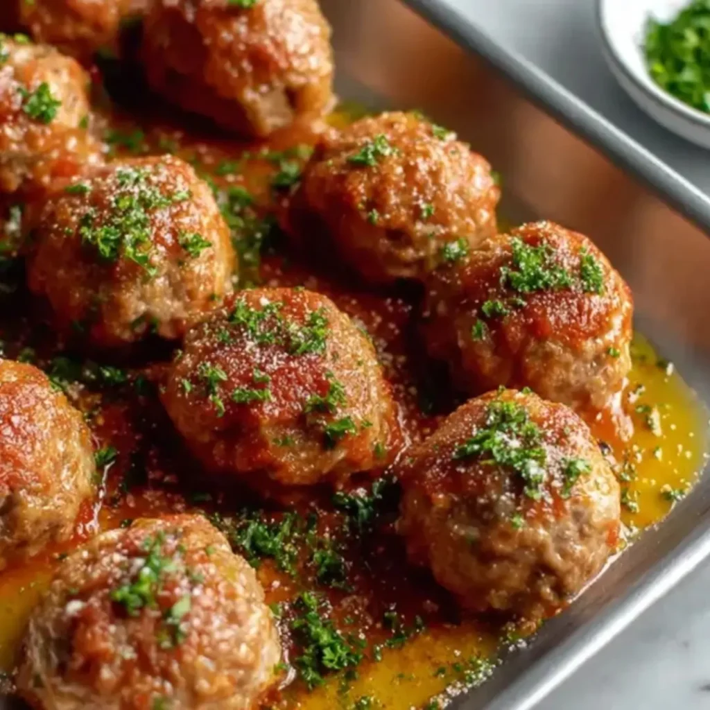Skillet of tender ground beef meatballs simmering in red tomato sauce and topped with fresh parsley and Parmesan cheese.