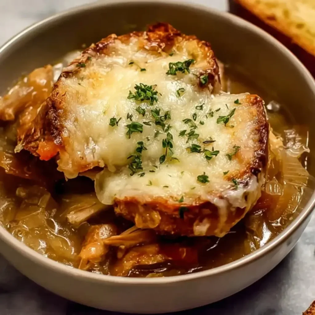 A close-up of juicy chicken smothered in caramelized onions and melted bubbly Gruyère cheese, garnished with fresh parsley in a grey bowl.