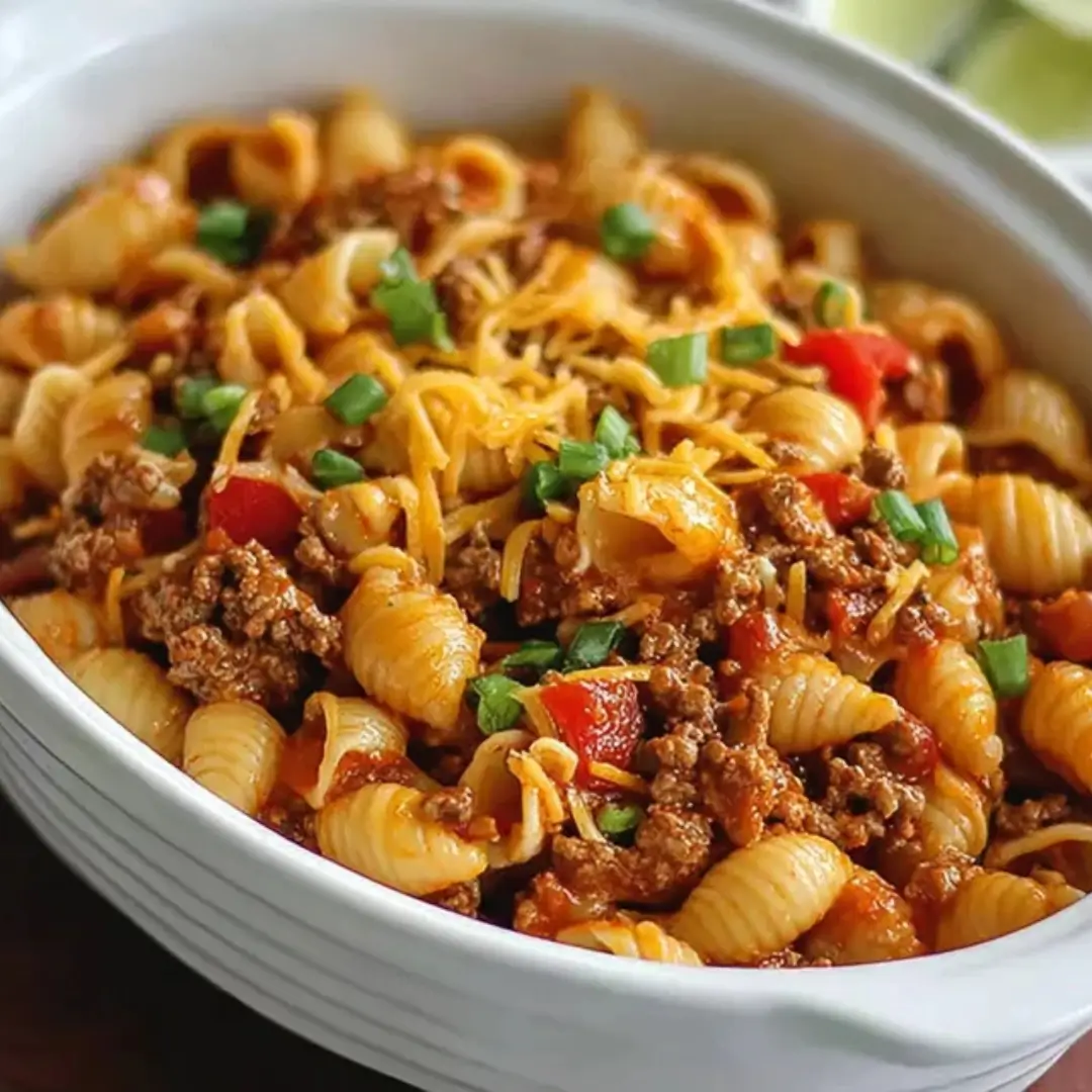 A white ceramic dish filled with Hearty Crockpot Taco Pasta featuring shell pasta, ground beef, melted cheddar cheese, and fresh green onion garnishes.