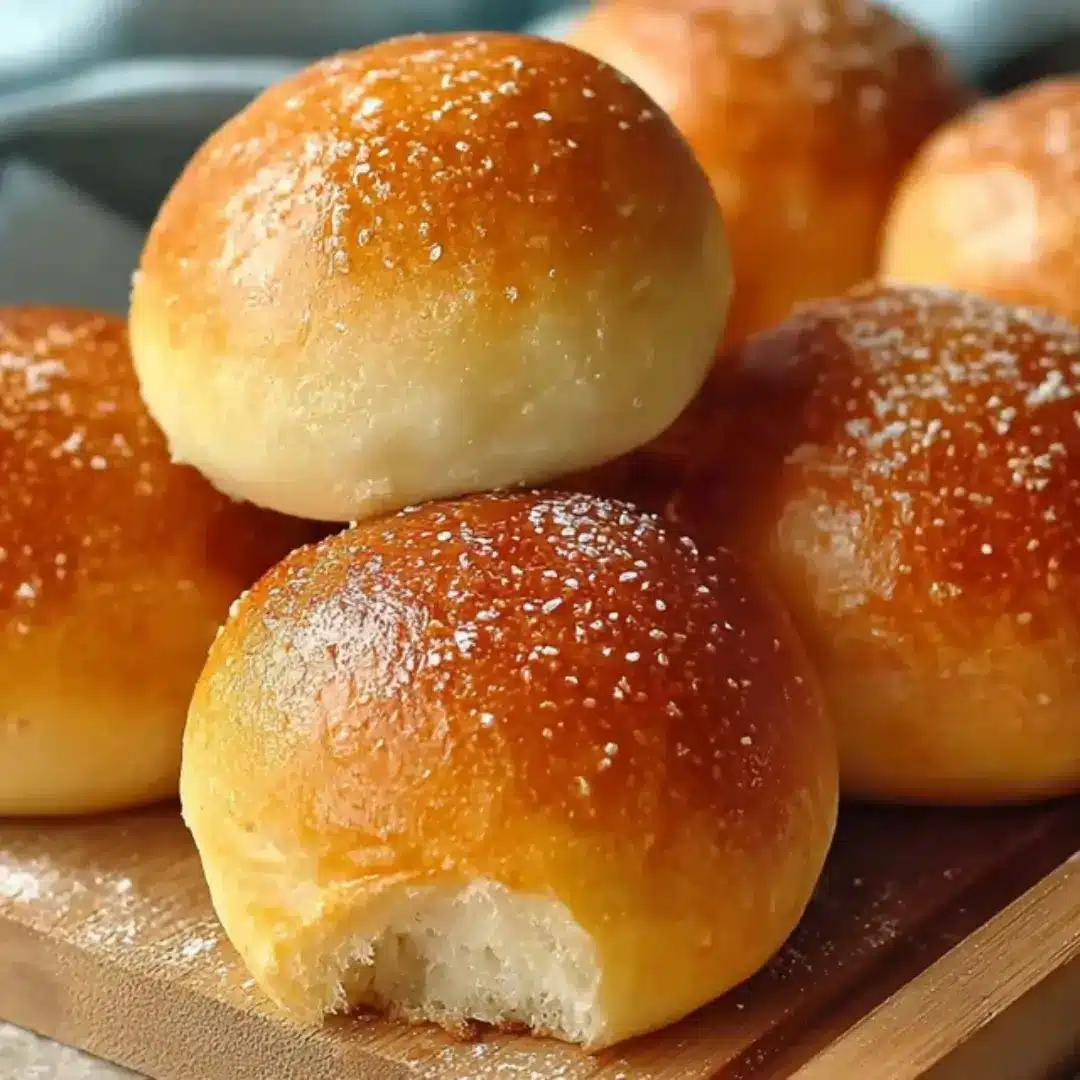 Golden brown high protein cottage cheese bread rolls stacked on a wooden board.
