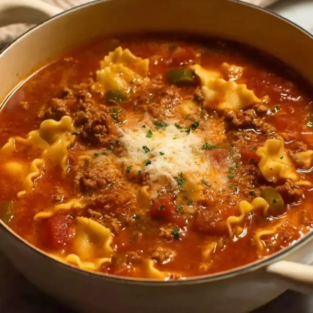 A white pot filled with steaming lasagna soup featuring broken wavy noodles, ground meat, a rich tomato broth, and topped with melted mozzarella and fresh herbs.