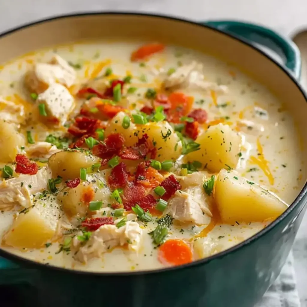 A close-up shot of a large teal pot filled with creamy Loaded Chicken Potato Soup, topped with melted cheddar cheese, crispy turkey bacon bits, and fresh green onions.