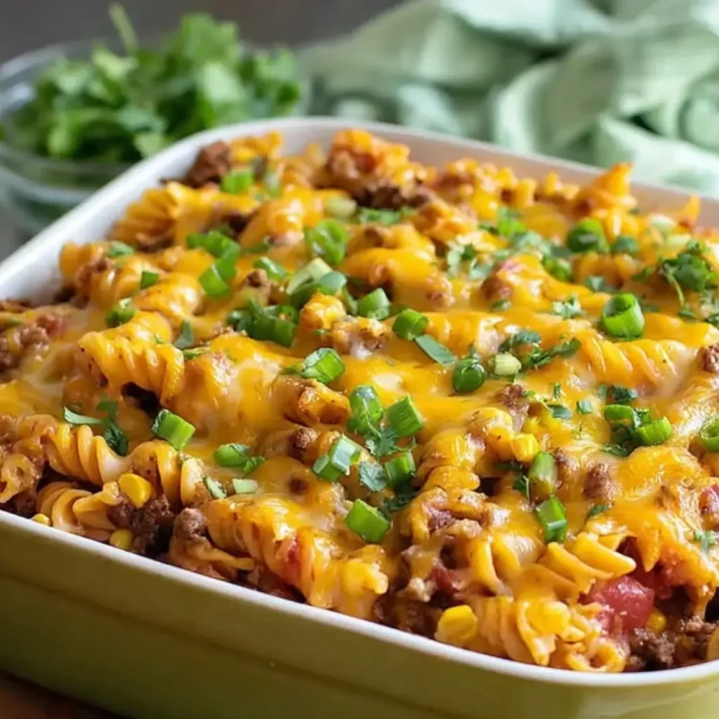 A close-up shot of a cheesy Loaded Taco Pasta Bake in a green baking dish, featuring rotini pasta, melted cheddar cheese, corn, and ground beef, topped with fresh green onions.
