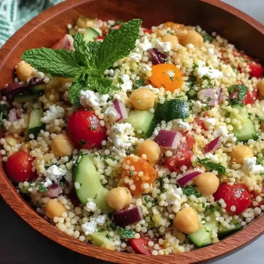 A vibrant bowl of Mediterranean Couscous Salad featuring cherry tomatoes, diced cucumbers, red onions, chickpeas, and crumbled feta cheese garnished with fresh mint.