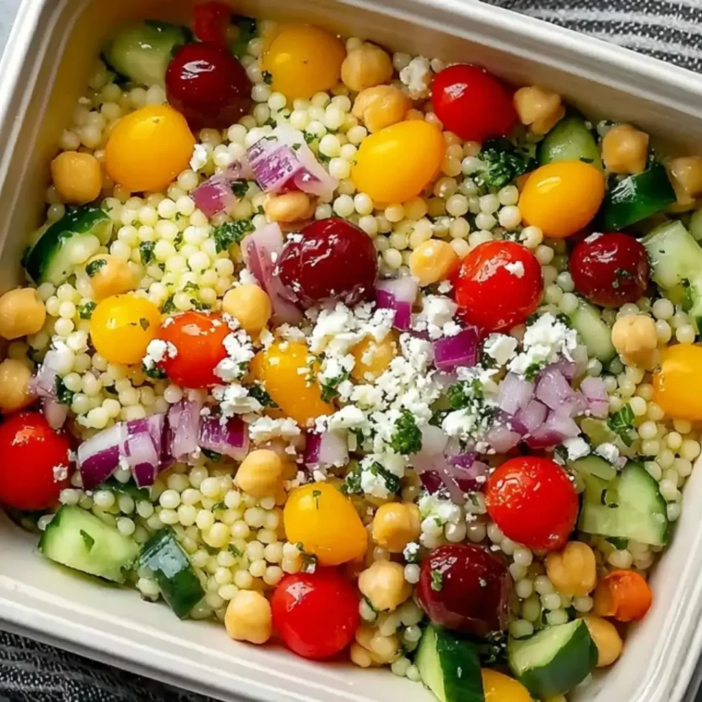 A close-up overhead shot of a Mediterranean couscous salad in a white meal prep container, featuring pearl couscous, red and yellow cherry tomatoes, diced cucumbers, chickpeas, red onion, and crumbled feta cheese topped with fresh herbs.