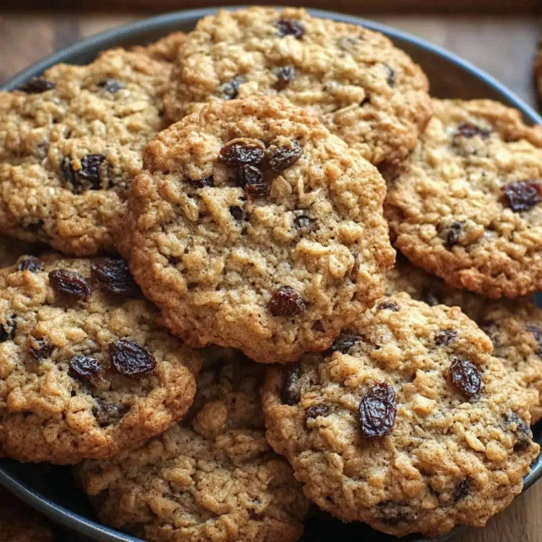 A close-up stack of homemade chewy oatmeal raisin cookies on a dark plate, showing golden edges and plump raisins.