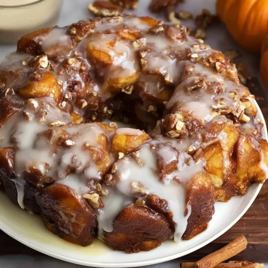 A glazed Pumpkin Monkey Bread in a Bundt shape, topped with white icing and chopped pecans, served on a white plate with cinnamon sticks nearby.