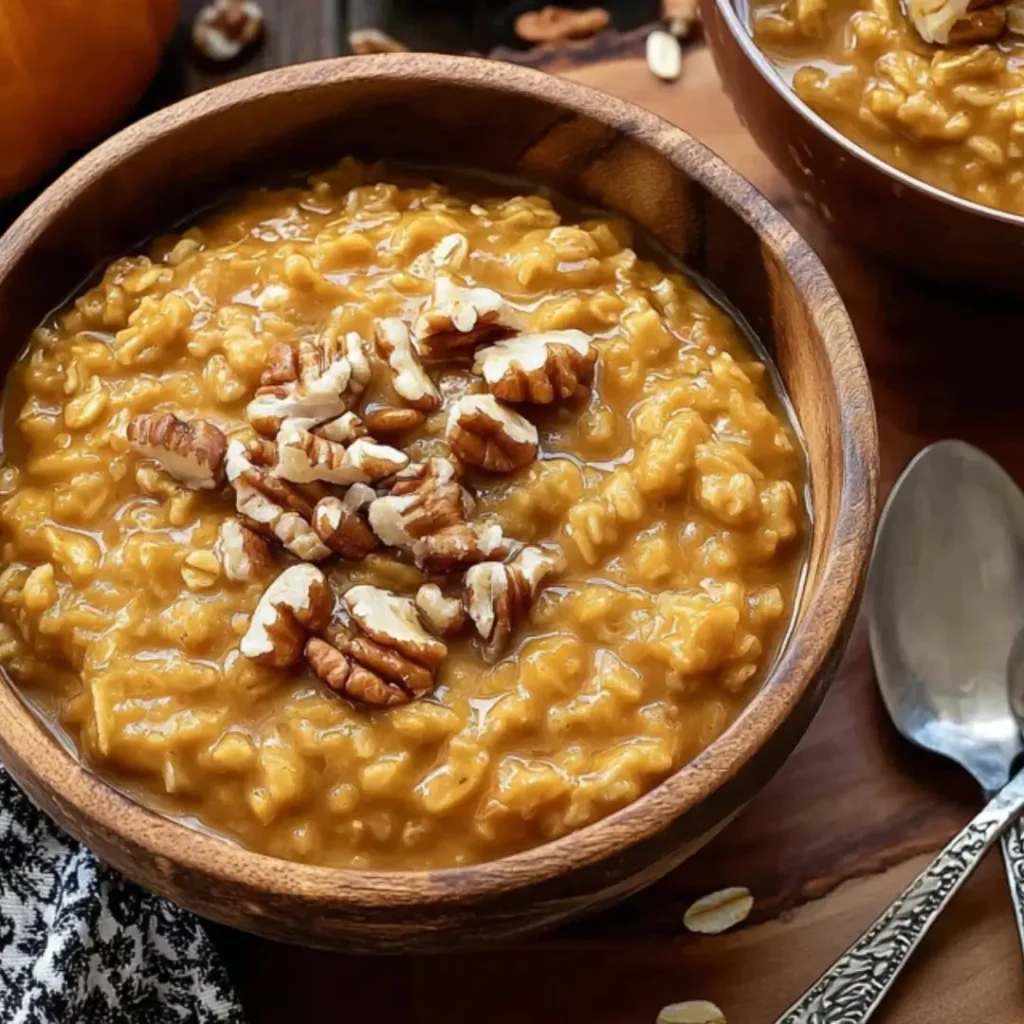 A wooden bowl filled with creamy pumpkin spice oatmeal topped with chopped pecans, served on a rustic wooden table.