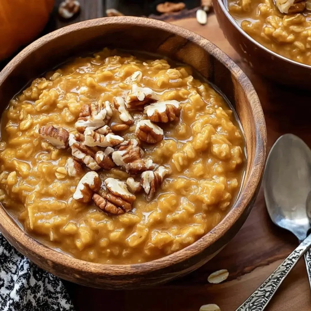 A wooden bowl filled with creamy pumpkin spice oatmeal topped with chopped pecans, served on a rustic wooden table.