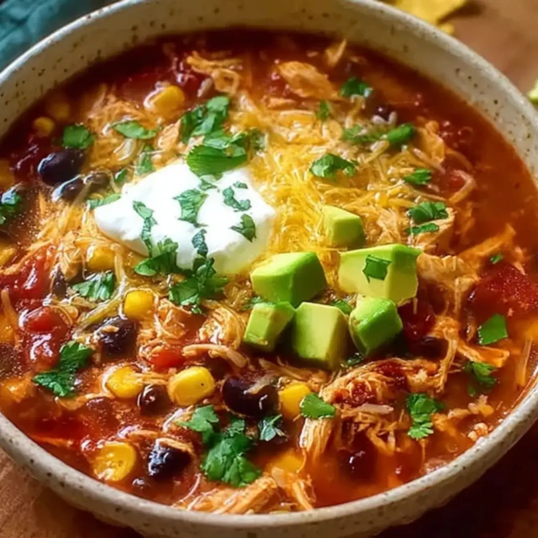 A close-up bowl of hearty chicken taco soup topped with melted cheese, fresh avocado chunks, a dollop of sour cream, and cilantro.