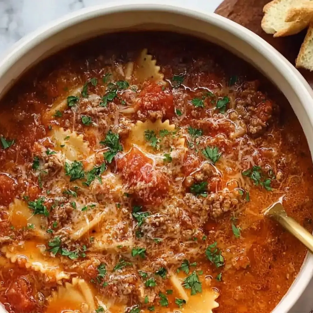 A close-up overhead shot of a cozy bowl of lasagna soup featuring wavy pasta noodles, hearty ground beef, rich tomato broth, and melted cheese topped with fresh green herbs.