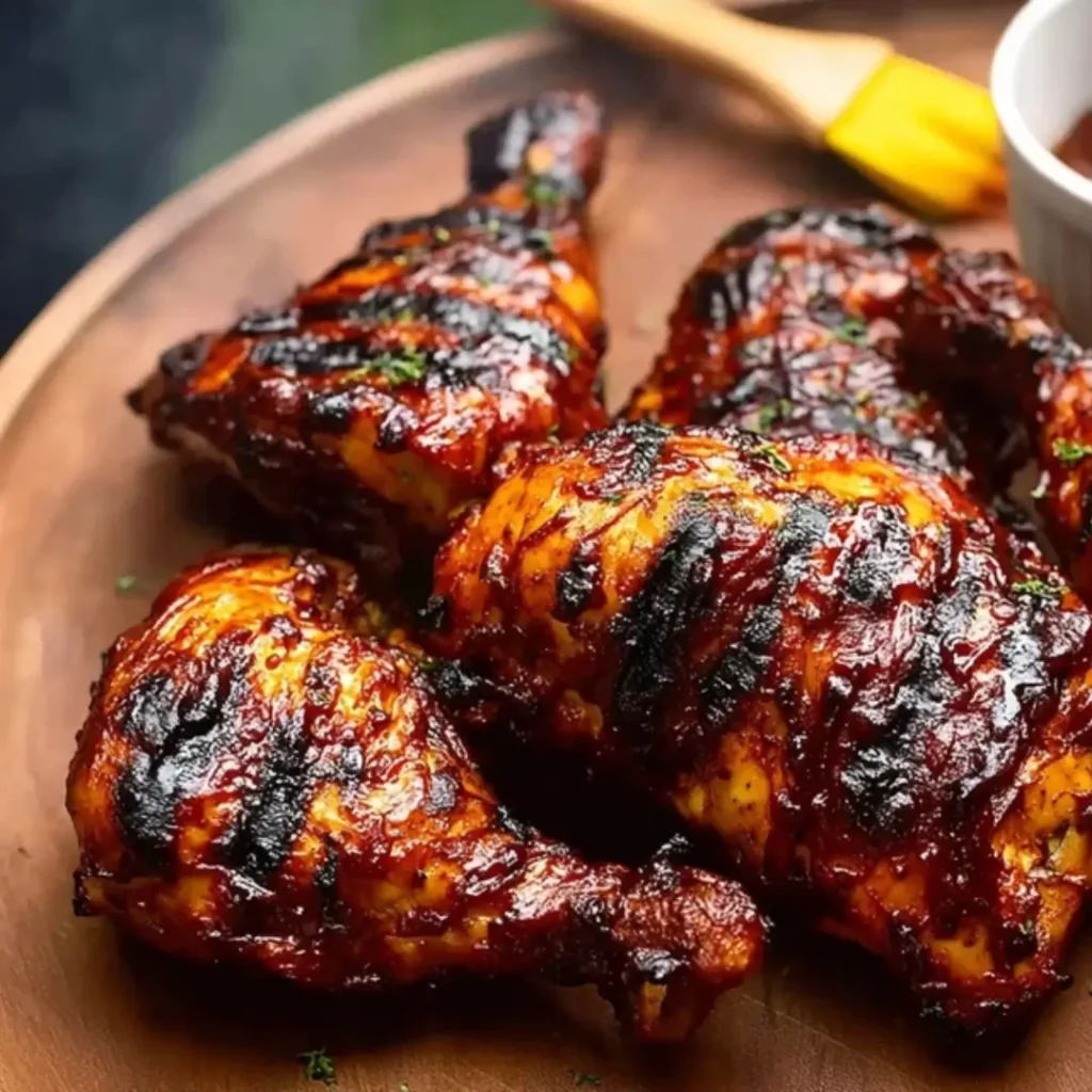 Close-up of grilled smoky BBQ chicken quarters with charred skin and sticky glaze on a wooden platter.