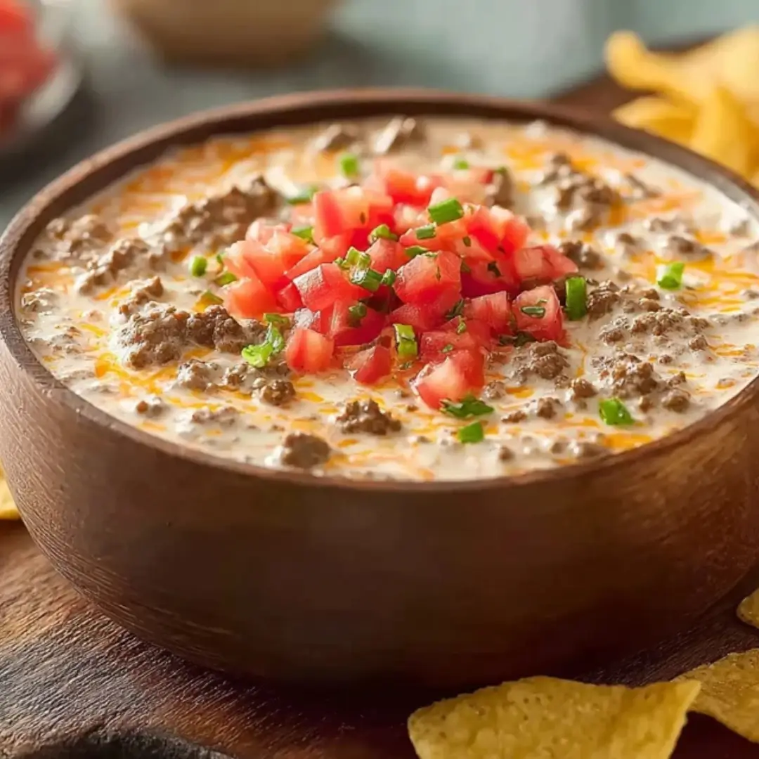 A wooden bowl filled with creamy white cheese dip mixed with browned ground beef, topped with fresh diced tomatoes and green onions, served with tortilla chips.