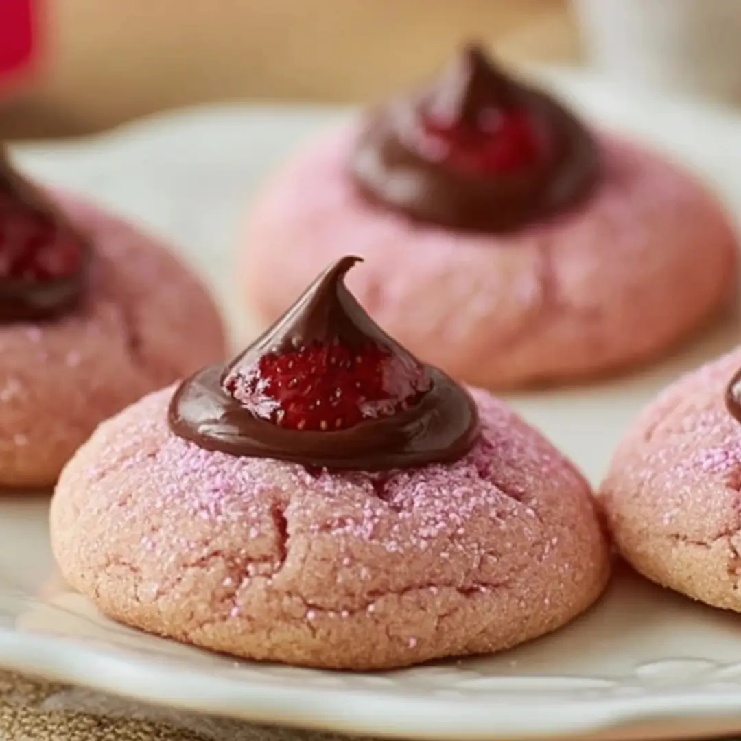 Soft pink strawberry kiss cookies rolled in sugar, filled with strawberry jam, and topped with a chocolate kiss candy on a white plate.