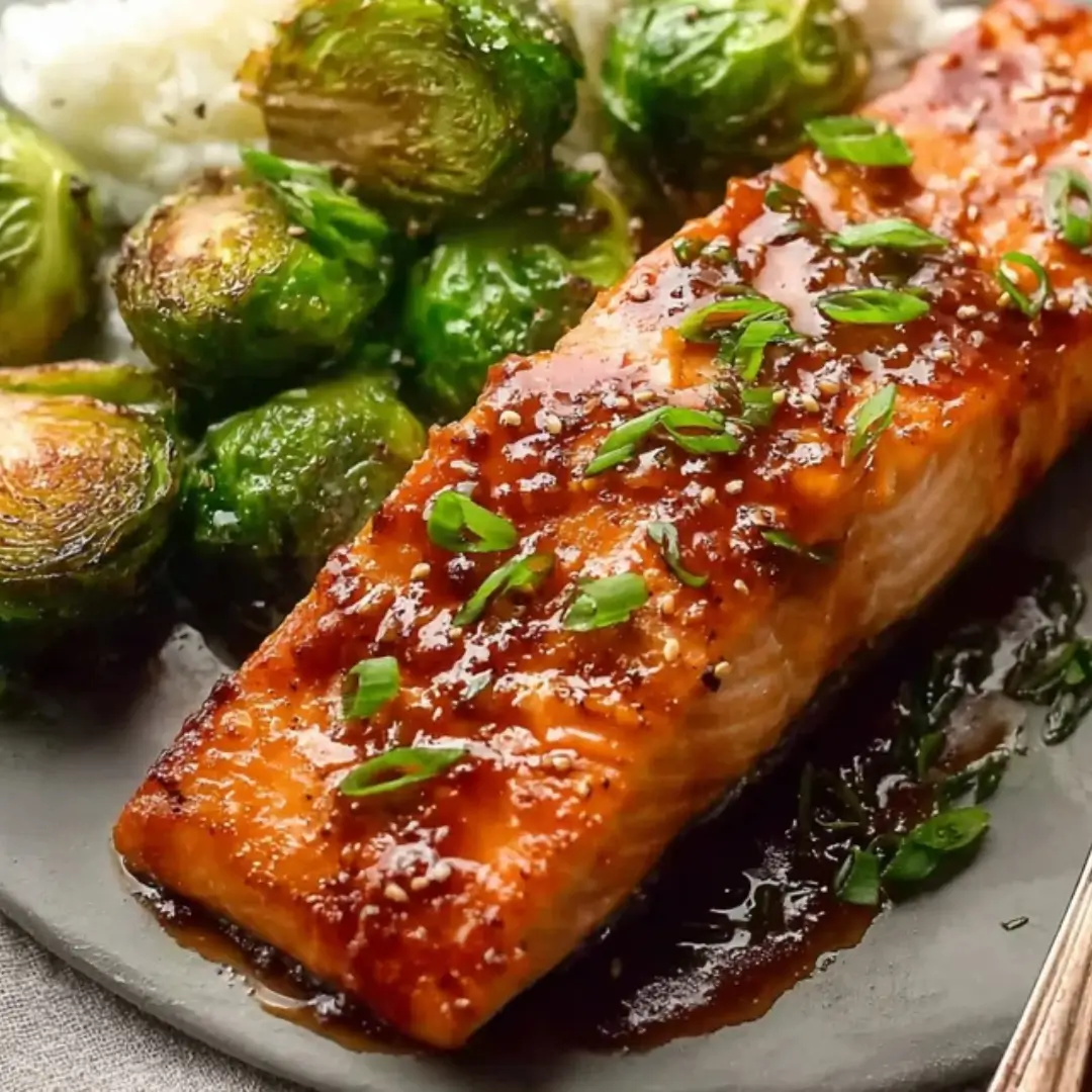A close-up of a flaky Sweet Bourbon Glazed Salmon fillet topped with sesame seeds and green onions, served with roasted Brussels sprouts and white rice.