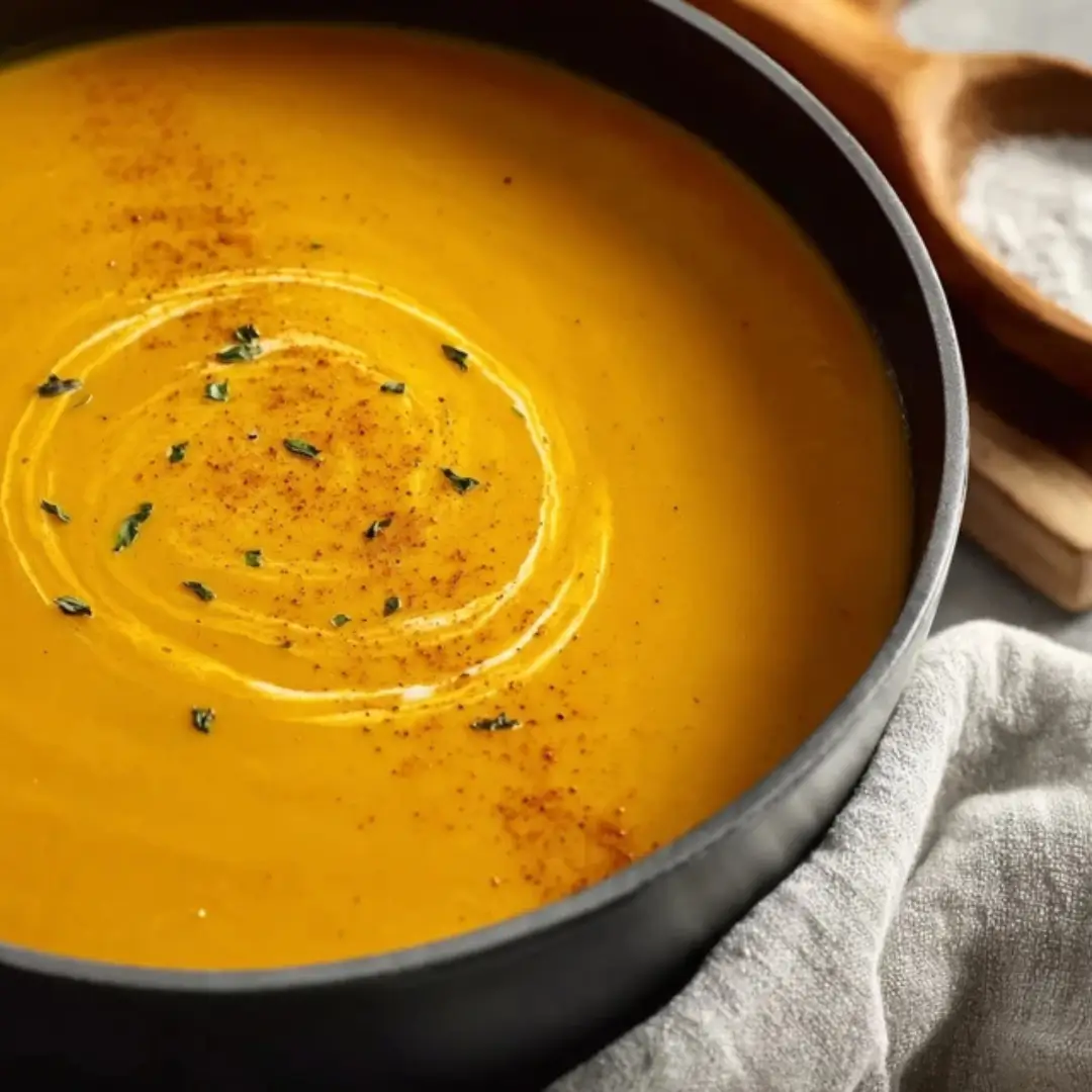 A close-up shot of creamy orange sweet potato soup in a black bowl, garnished with a white coconut milk swirl and fresh green herbs.