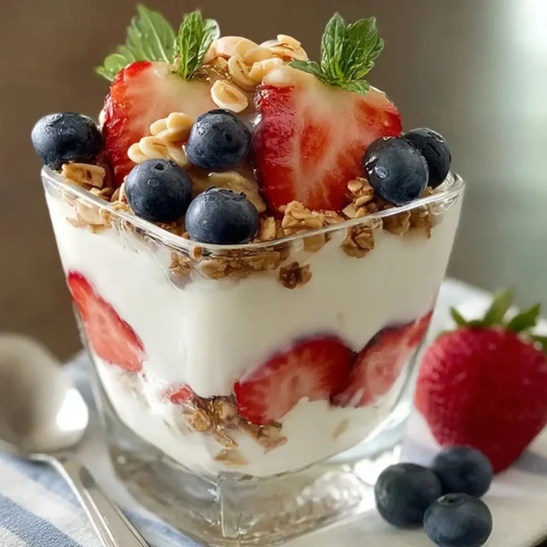 A close-up of a layered Greek yogurt parfait in a clear glass featuring fresh strawberries, blueberries, crunchy granola, and sliced almonds.