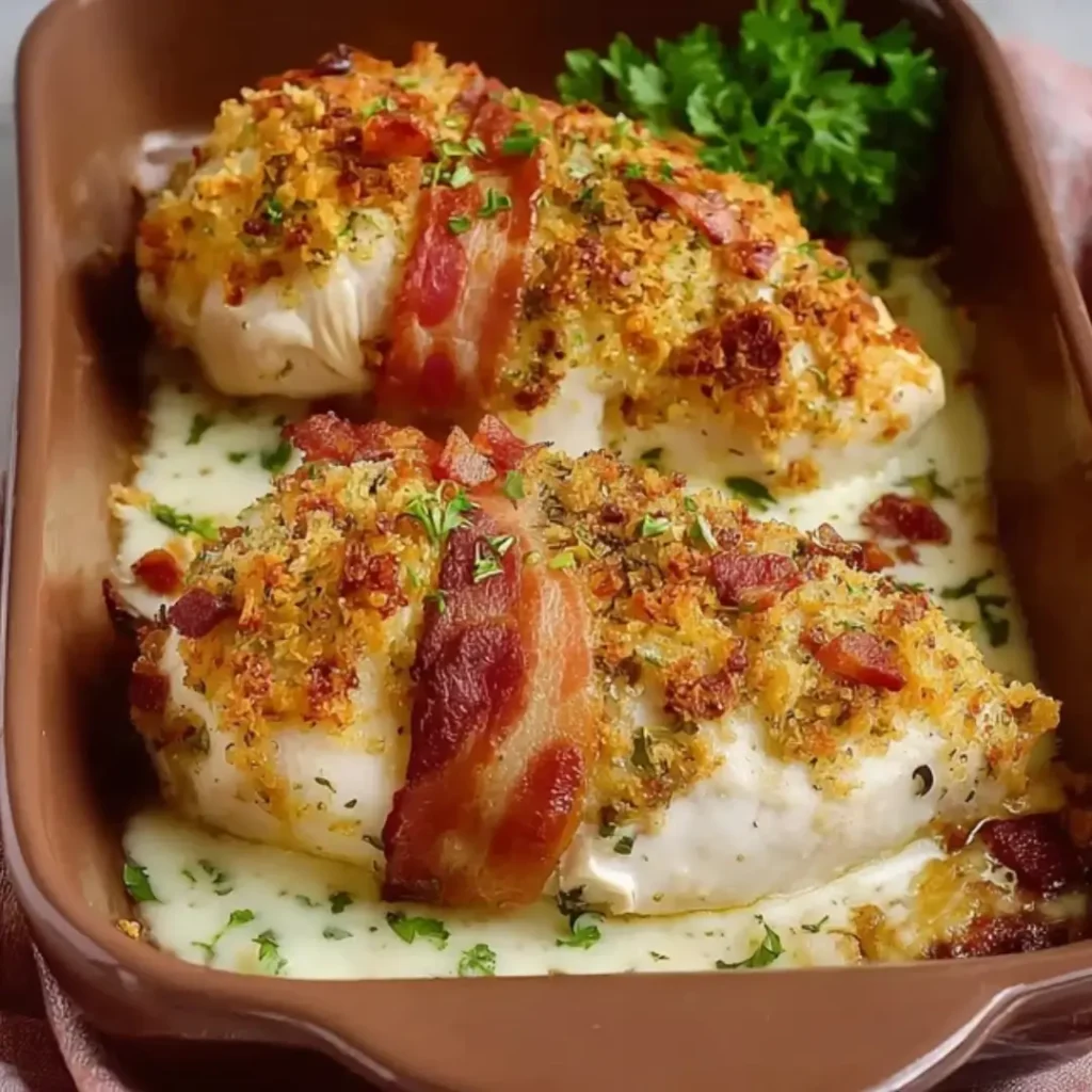 Two golden-brown stuffed chicken breasts topped with crispy turkey bacon and herb breadcrumbs, resting in a creamy white sauce in a ceramic baking dish.