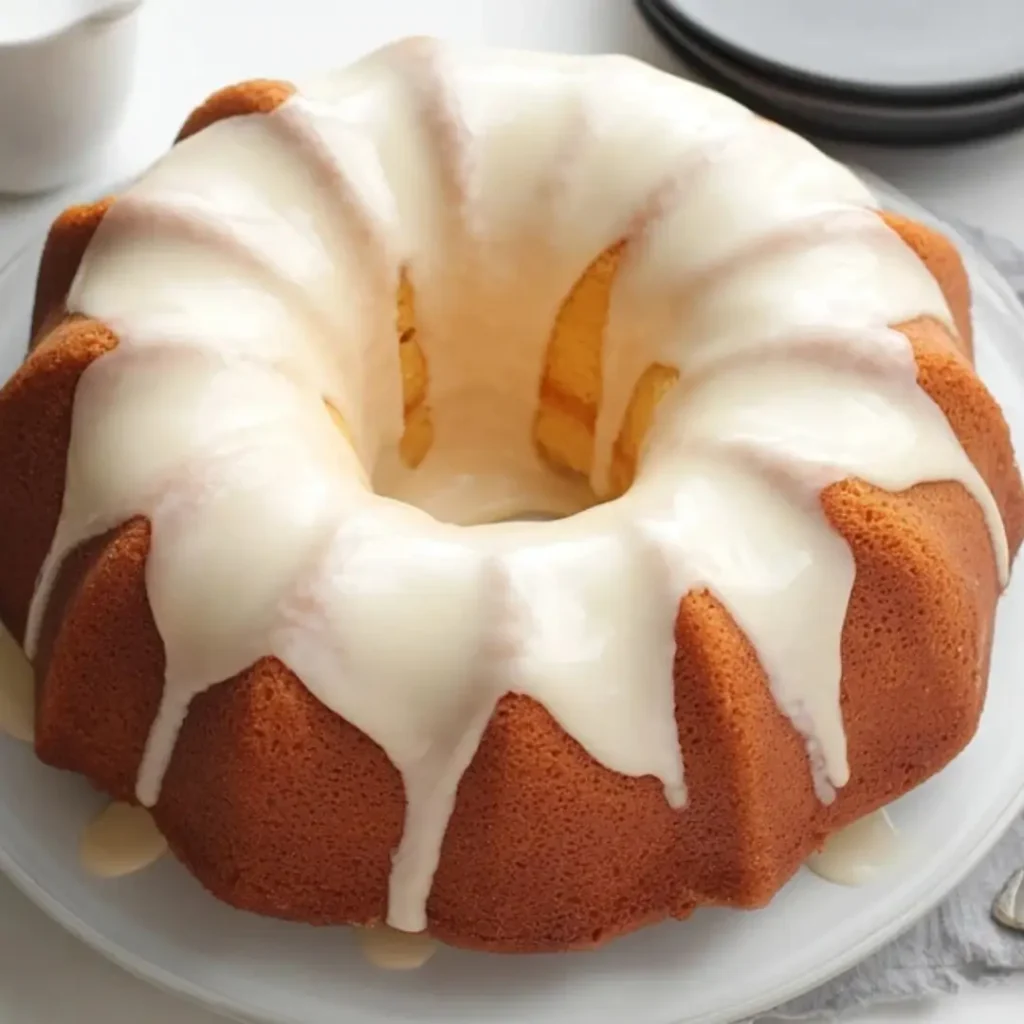 A golden-brown Vanilla Bundt Cake topped with a thick, silky white glaze dripping down the sides, served on a white plate.